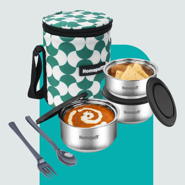 Steel Lunch Box- Set of 3, with Bag- grey